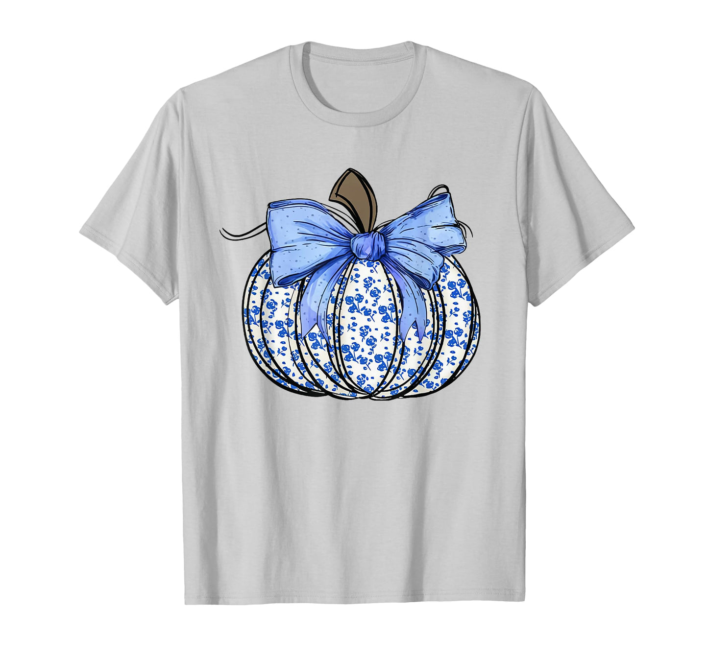 Retro Coquette Bow Blue Floral Pumpkin Halloween Autumn Fall T-Shirt