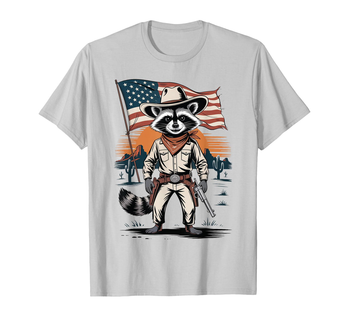 Vintage Racoon Cowboy Patriotic USA Flag Western Country T-Shirt
