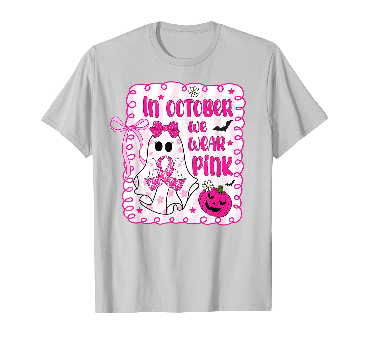 In October We Wear Pink Ghost Bow Breast Cancer Awareness T-Shirt