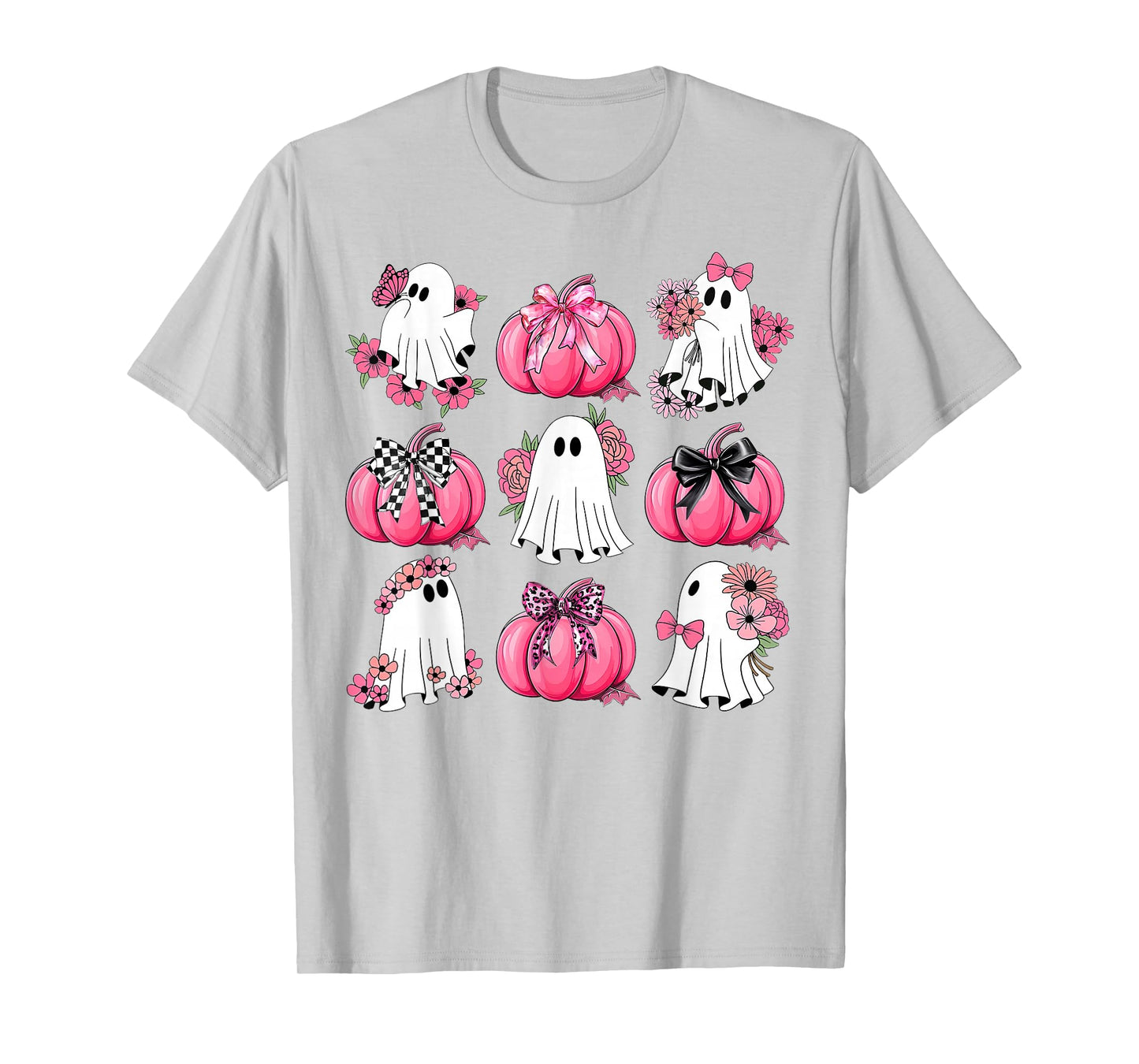 Cute Ghost Florals Pink Coquette Bows Pumpkins Halloween T-Shirt