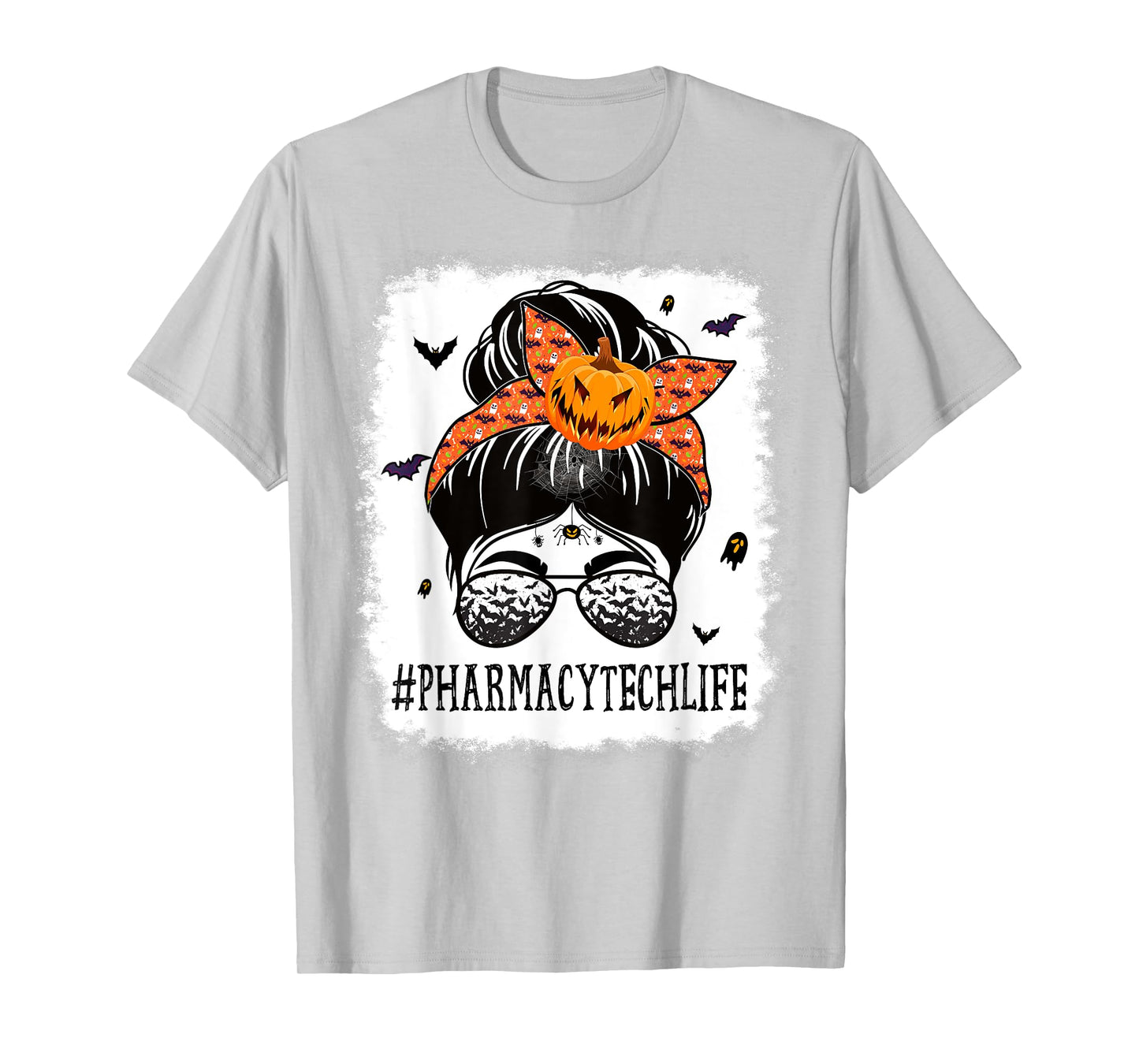 Pharmacy Tech Messy Bun Spooky Pumpkin Halloween Costume T-Shirt