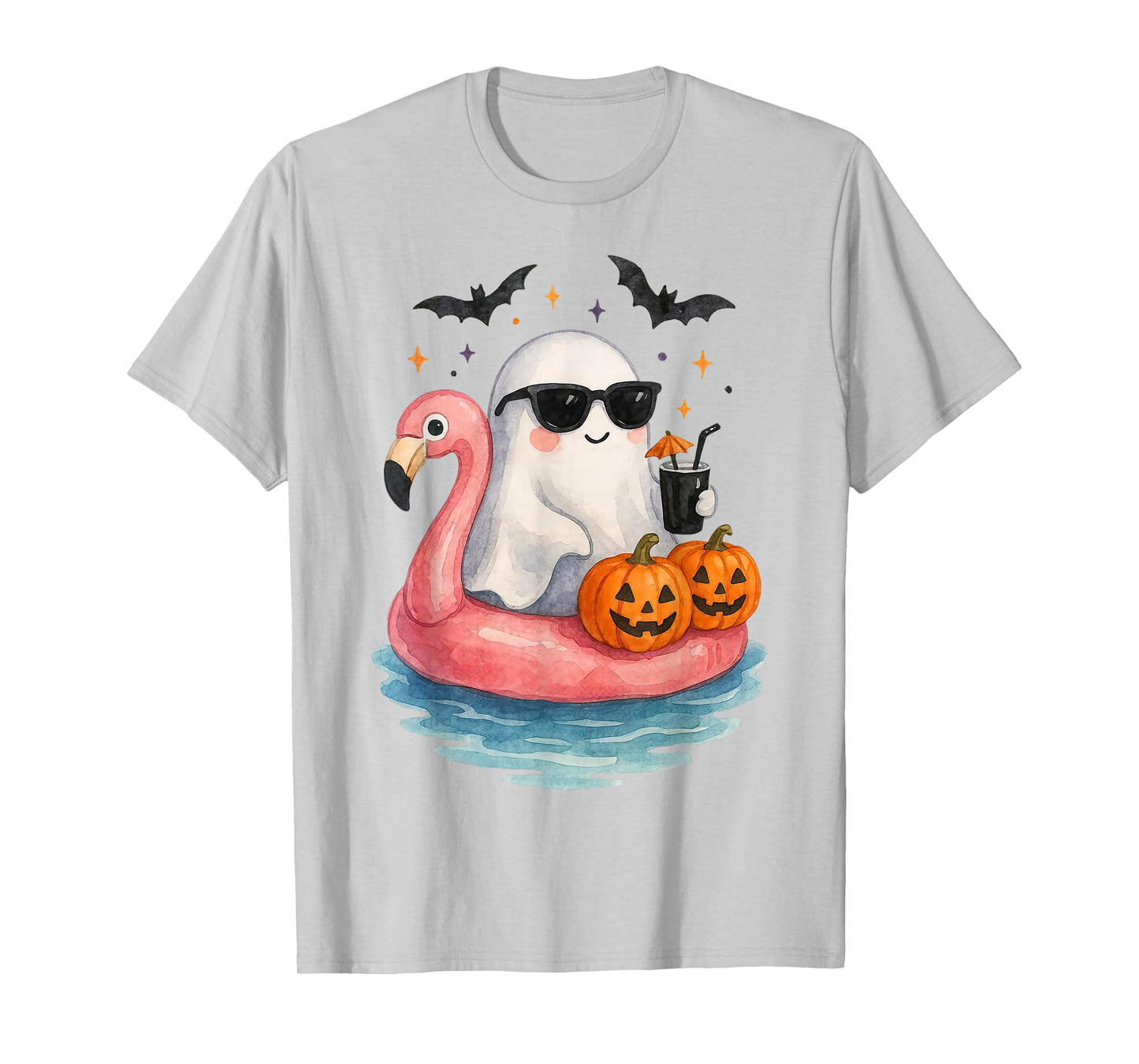 Summer Ghost Watercolor Cute Ghost With Flamingo Float Beach T-Shirt