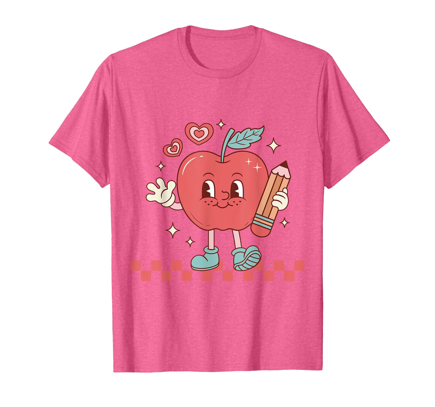 Cute Retro Checkered Apple with Face Teacher Pencil Trendy T-Shirt