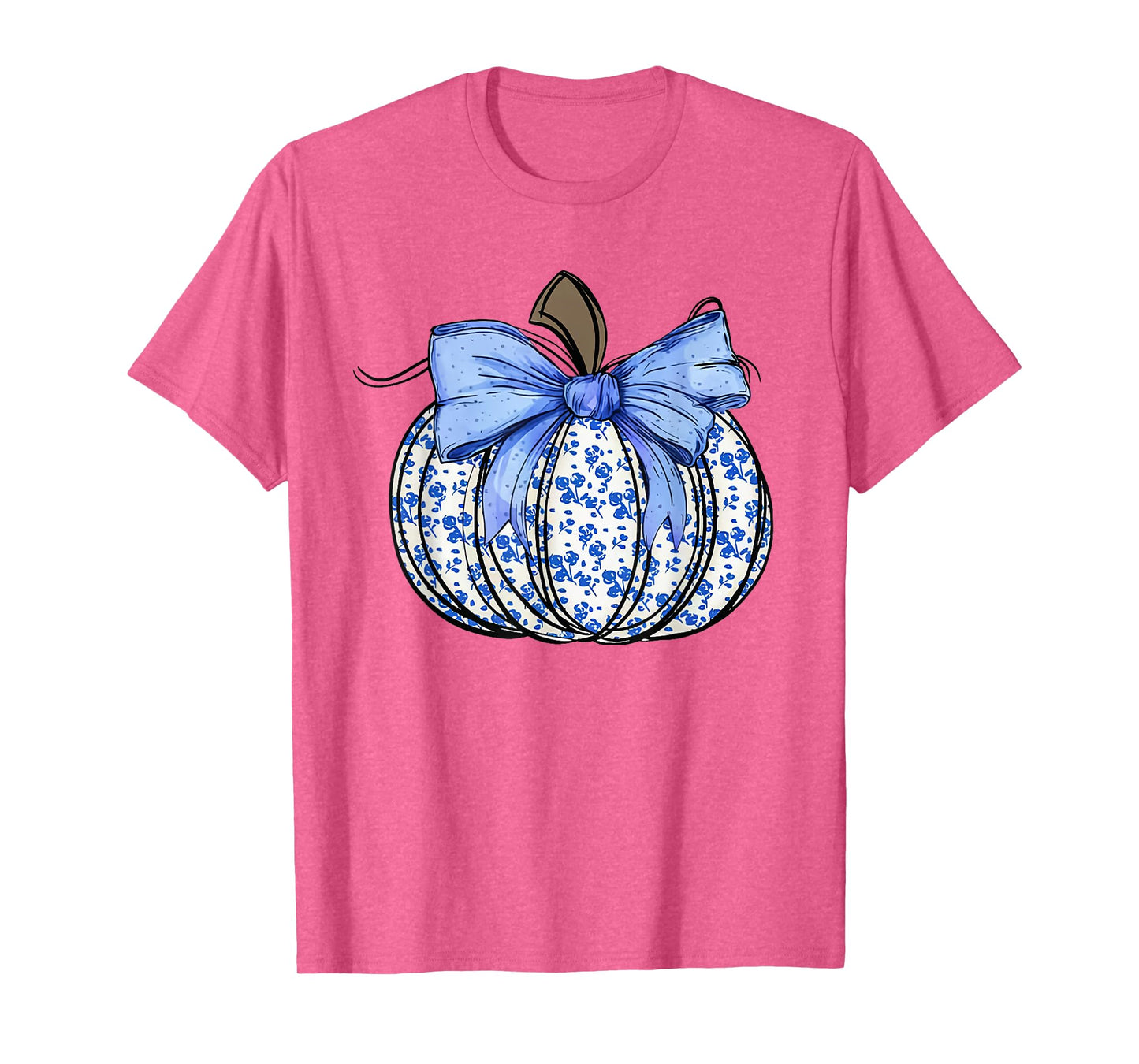 Retro Coquette Bow Blue Floral Pumpkin Halloween Autumn Fall T-Shirt