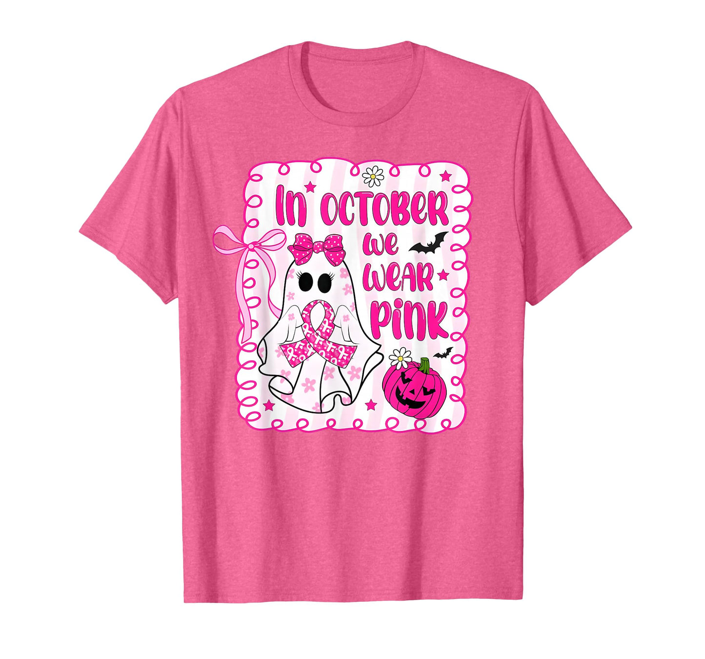 In October We Wear Pink Ghost Bow Breast Cancer Awareness T-Shirt