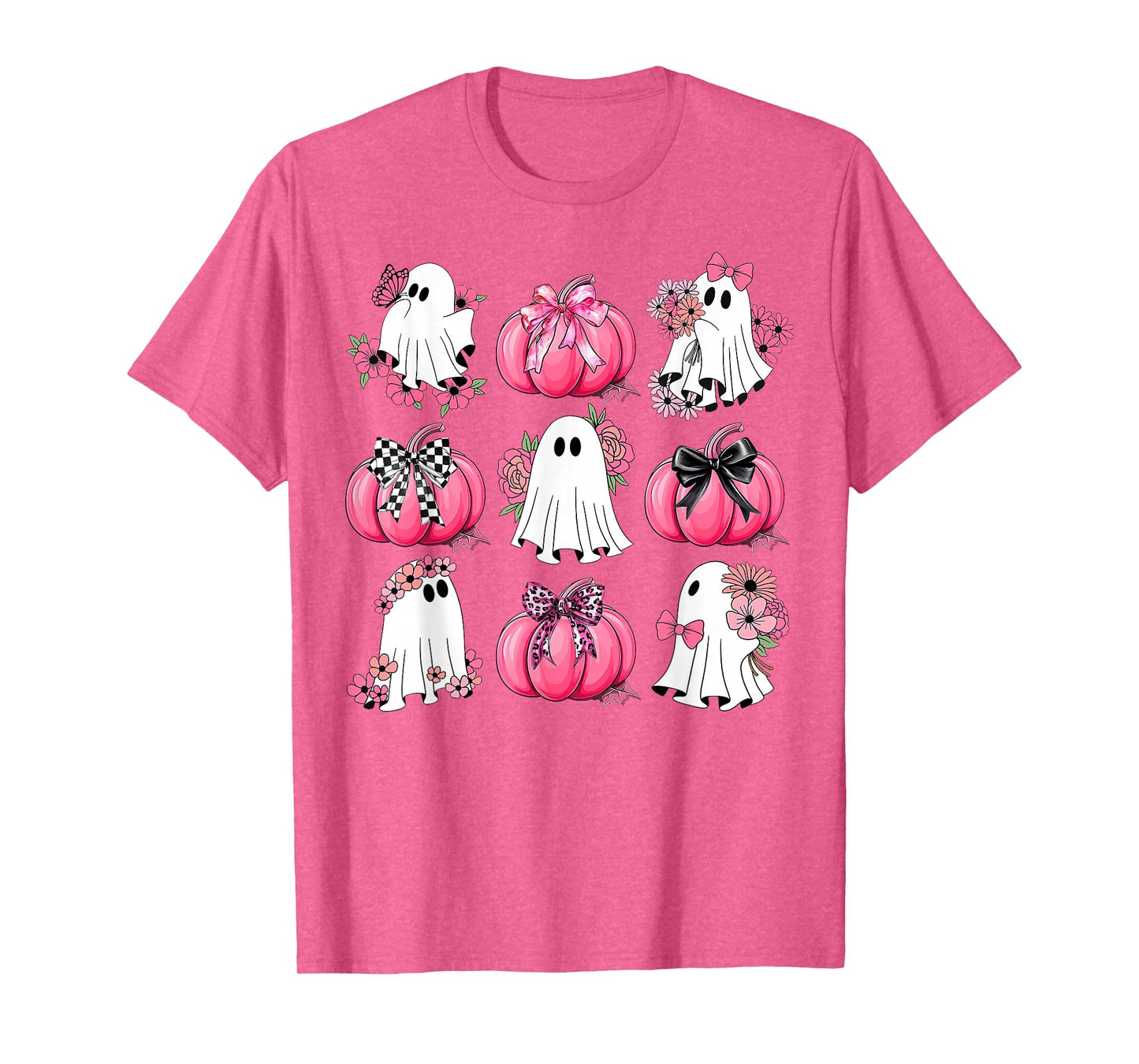 Cute Ghost Florals Pink Coquette Bows Pumpkins Halloween T-Shirt