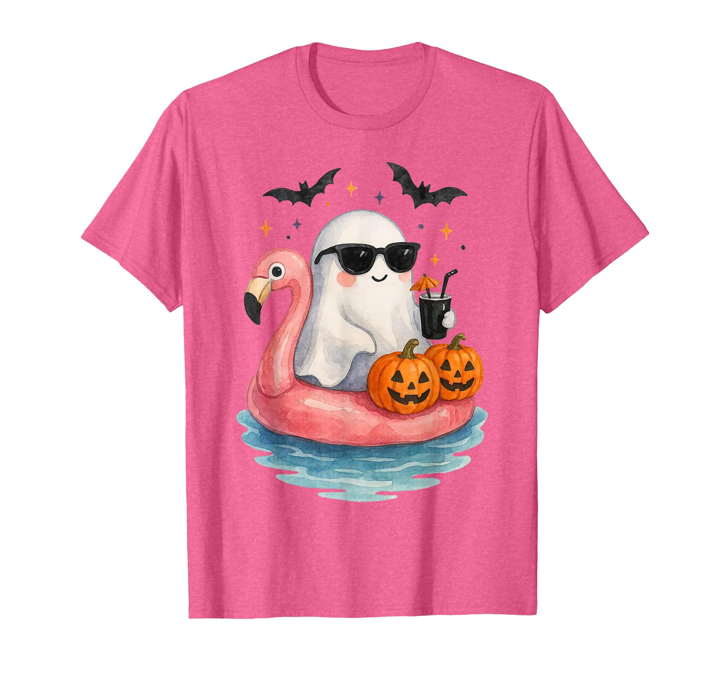 Summer Ghost Watercolor Cute Ghost With Flamingo Float Beach T-Shirt