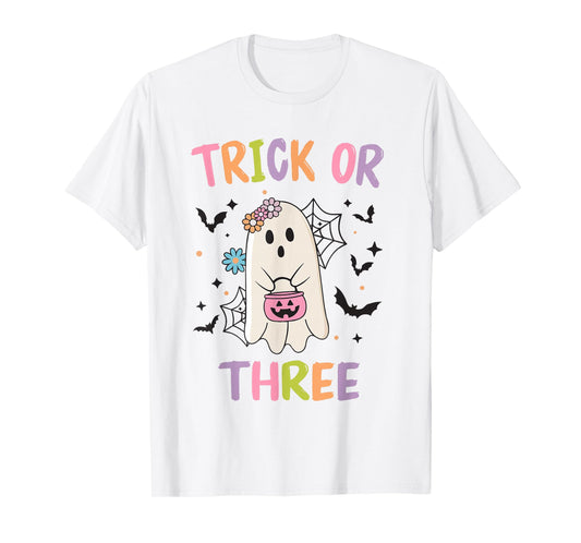 Trick or Three Cute Ghost Groovy 3rd Birthday Girls Kids T-Shirt