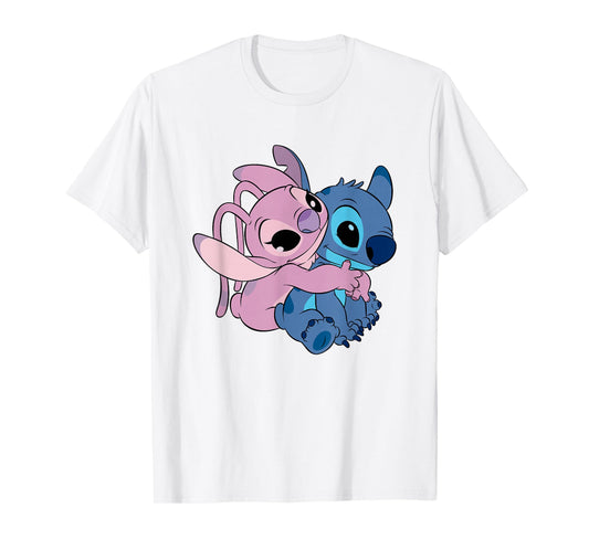 Disney Lilo & Stitch Cute Angel & Stitch Hugging Chest Logo T-Shirt