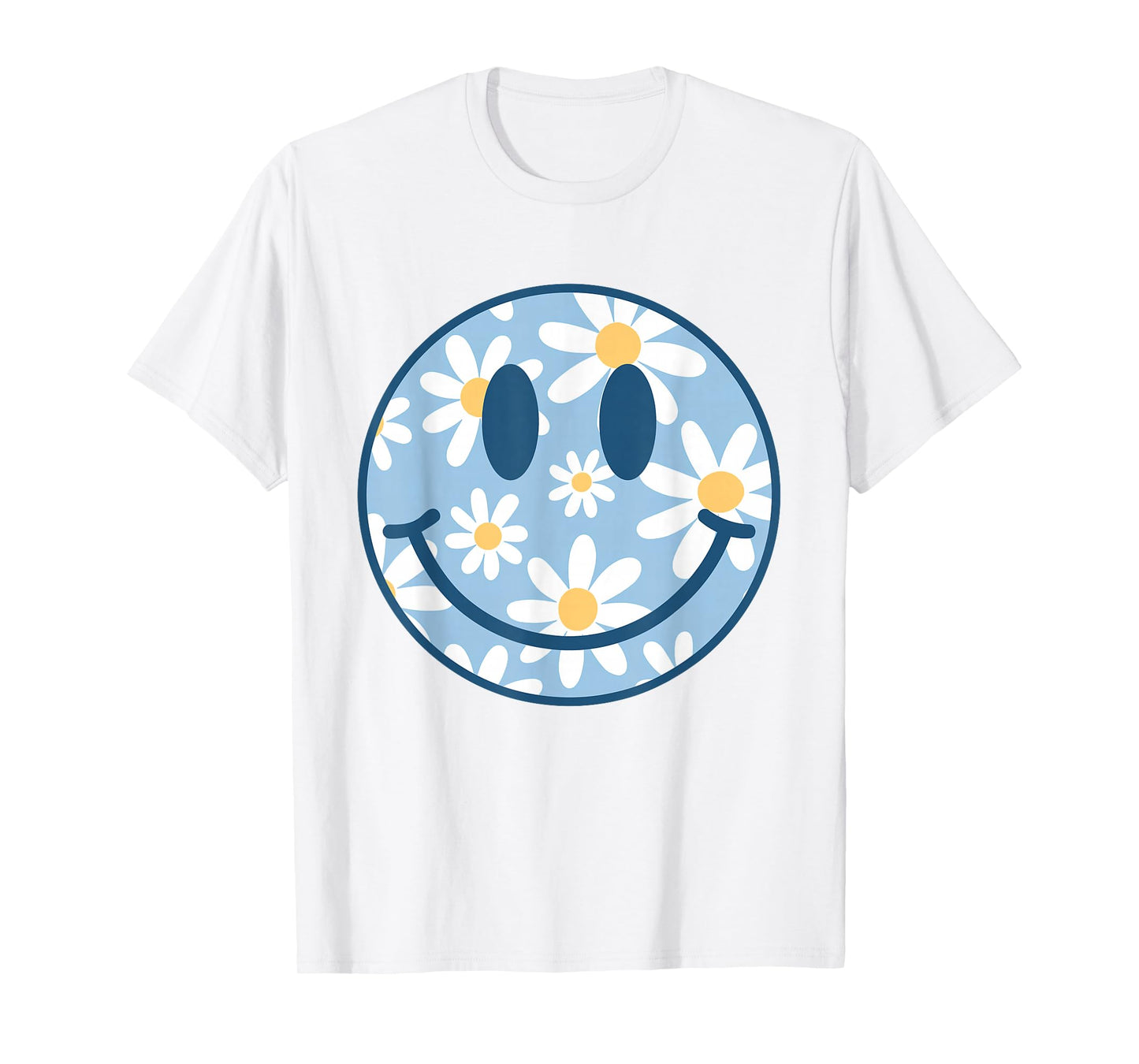 Retro Blue Happy Face Checkered Pattern Smile Face Trendy T-Shirt