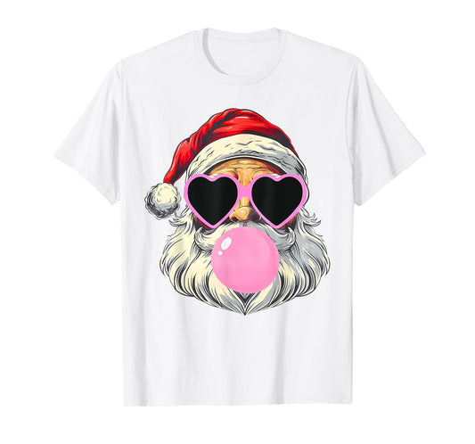 Santa Claus Blowing Bubble Gum Pink Sunglasses Christmas T-Shirt