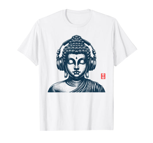 Buddha Wearing Headphones Vintage Retro Grey T-Shirt, Unisex-Adult, Short Sleeve, Music, Buddha, Relax
