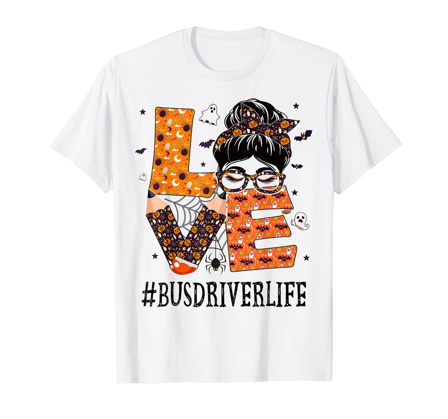 Bus Driver Love Messy Bun Pumpkin Women Halloween Costume T-Shirt