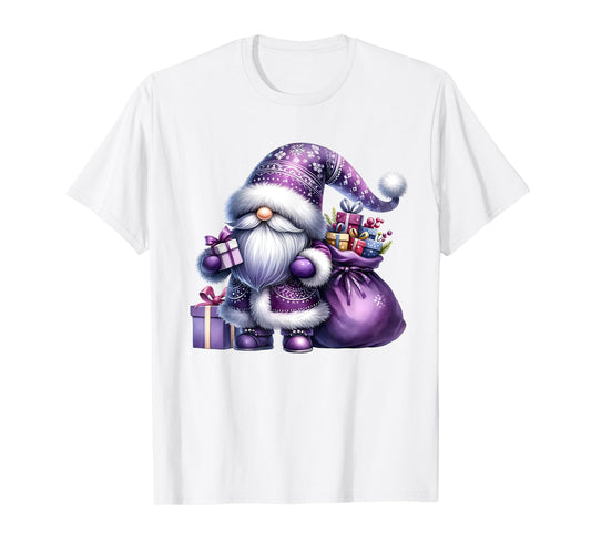 Purple Christmas Gnome With Santa Bag For Women Men Xmas T-Shirt
