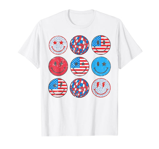 Happy 4th Of July Groovy Smile Face Red White Blue USA Flag T-Shirt for Women Kids Men