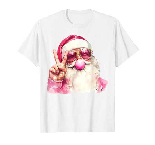 Santa Claus Blowing Bubble Gum Pink Sunglasses Christmas T-Shirt