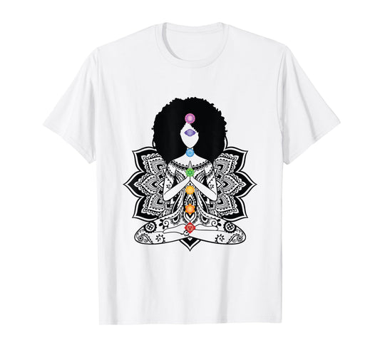 Afro Black Girl Yoga Zen Mandala Seven Chakra Meditation T-Shirt