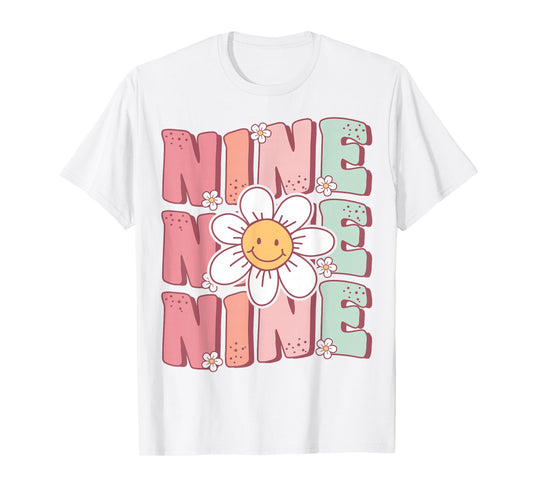 Cute Groovy 9th Birthday Party Daisy Flower Nine Year Old T-Shirt