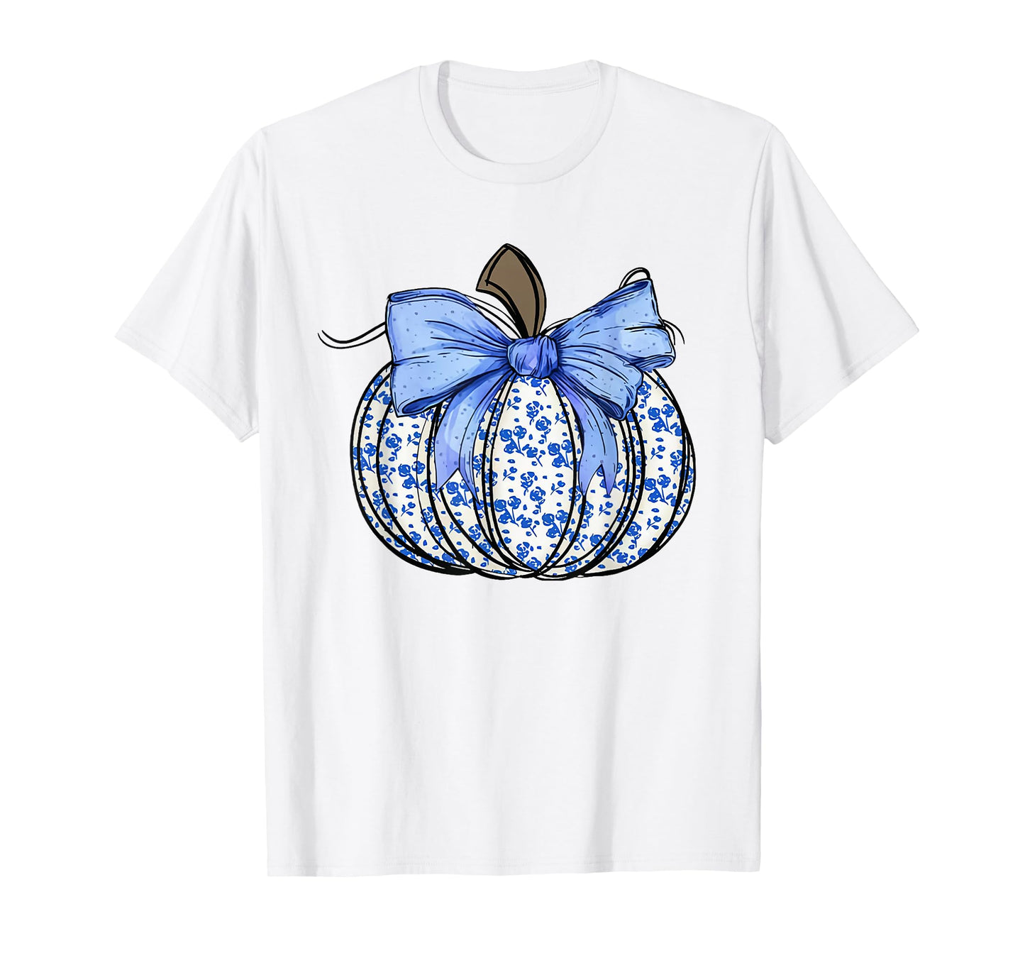 Retro Coquette Bow Blue Floral Pumpkin Halloween Autumn Fall T-Shirt