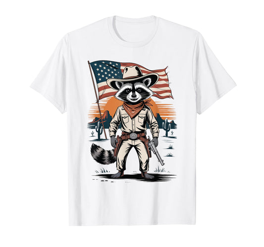 Vintage Racoon Cowboy Patriotic USA Flag Western Country T-Shirt