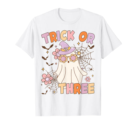 Trick or Three Cute Ghost Groovy 3rd Birthday Spooky 3 Years T-Shirt