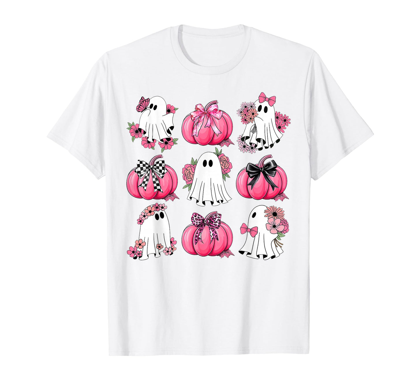 Cute Ghost Florals Pink Coquette Bows Pumpkins Halloween T-Shirt