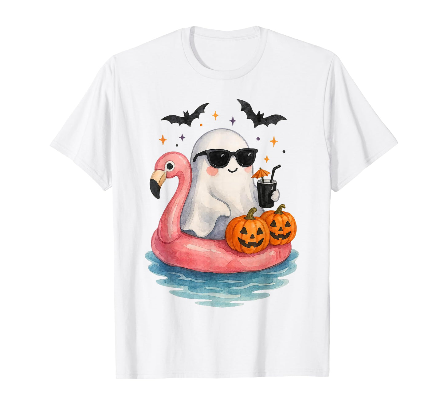 Summer Ghost Watercolor Cute Ghost With Flamingo Float Beach T-Shirt