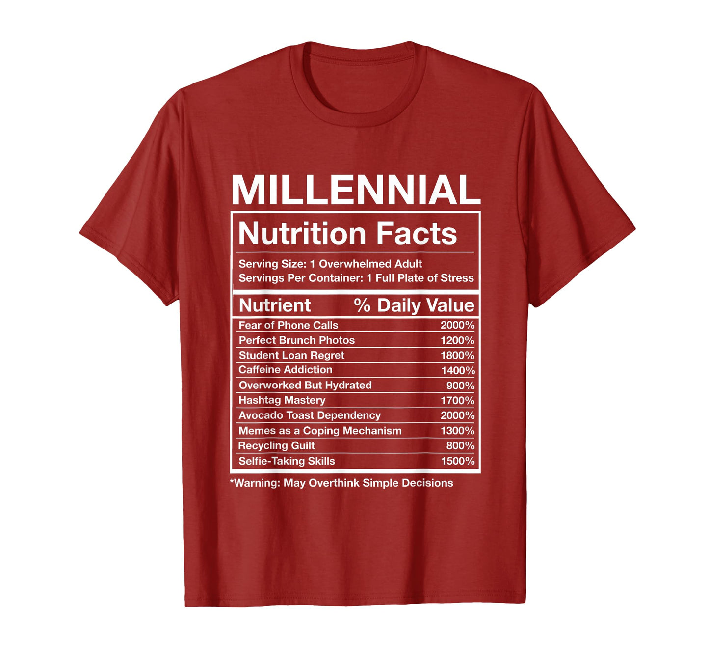 Millennial Nutrition Facts - Funny Generation Meme T-Shirt