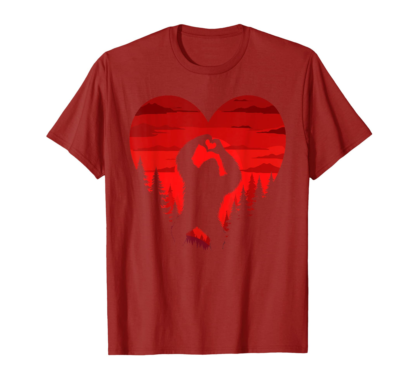 Bigfoot Heart Valentine Day Sasquatch Retro Landscape Forest T-Shirt