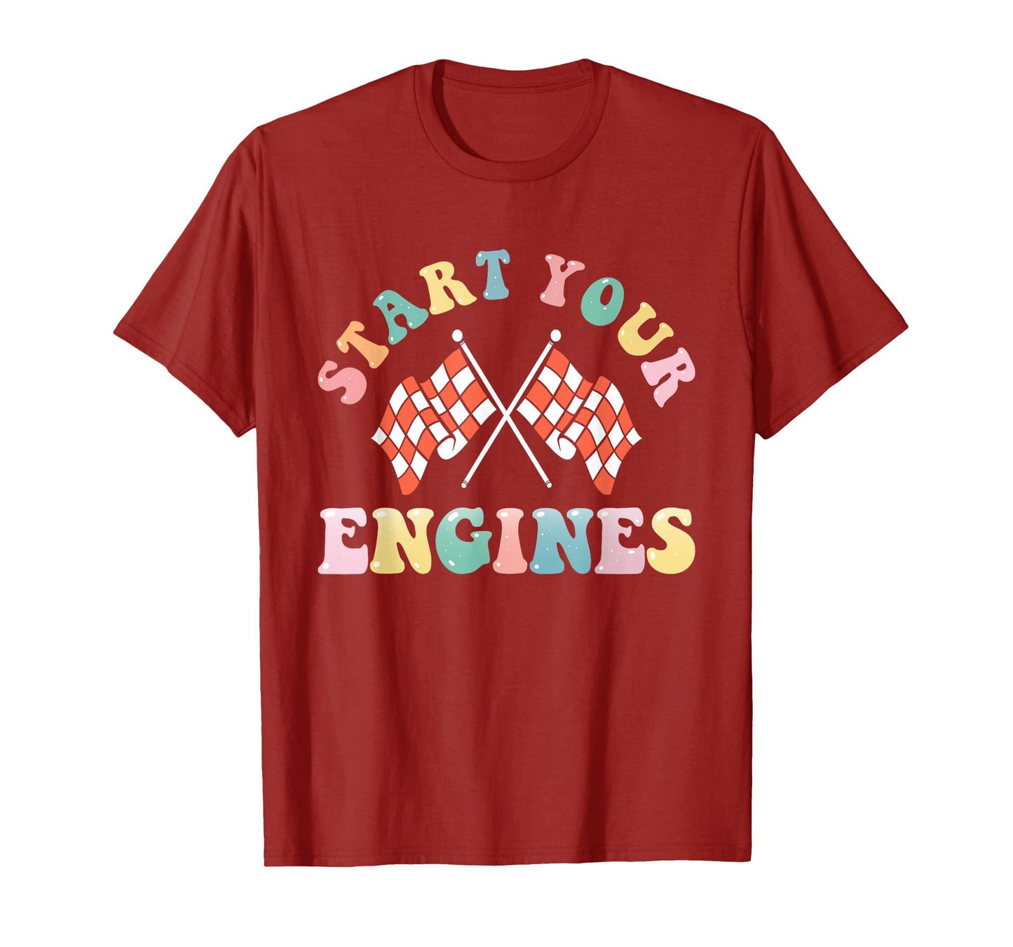 Start Your Engines Retro Groovy Checkered Flag Race Car Girl T-Shirt