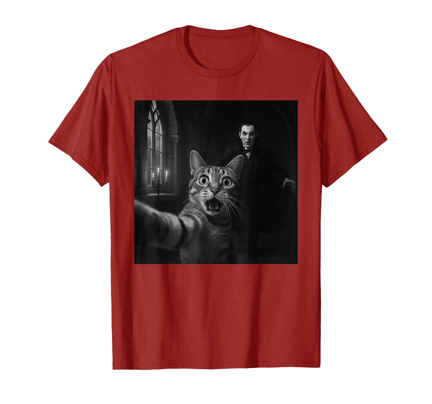 Funny Halloween Surprised Scared Cat Selfie Dracula Vampire T-Shirt