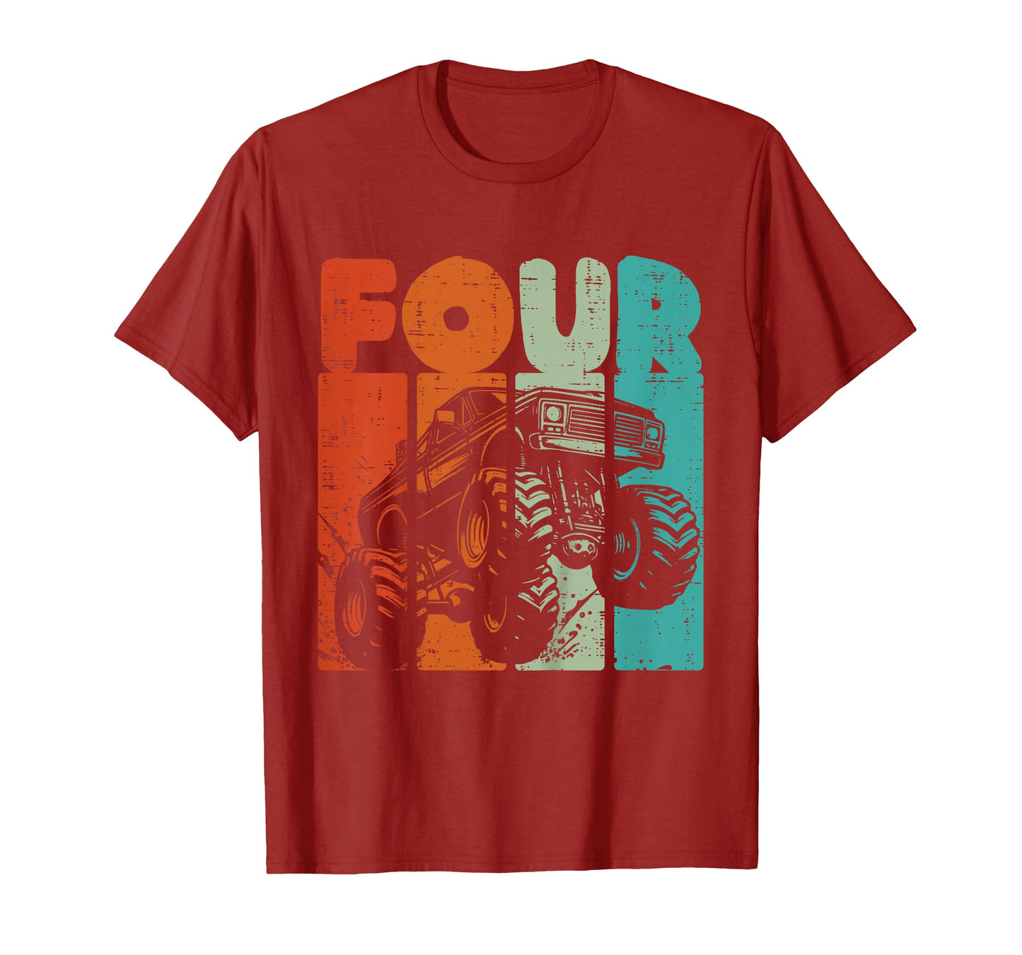 Kids 4th Birthday Monster Truck Four Retro 4 Year Old Bday Boys T-Shirt