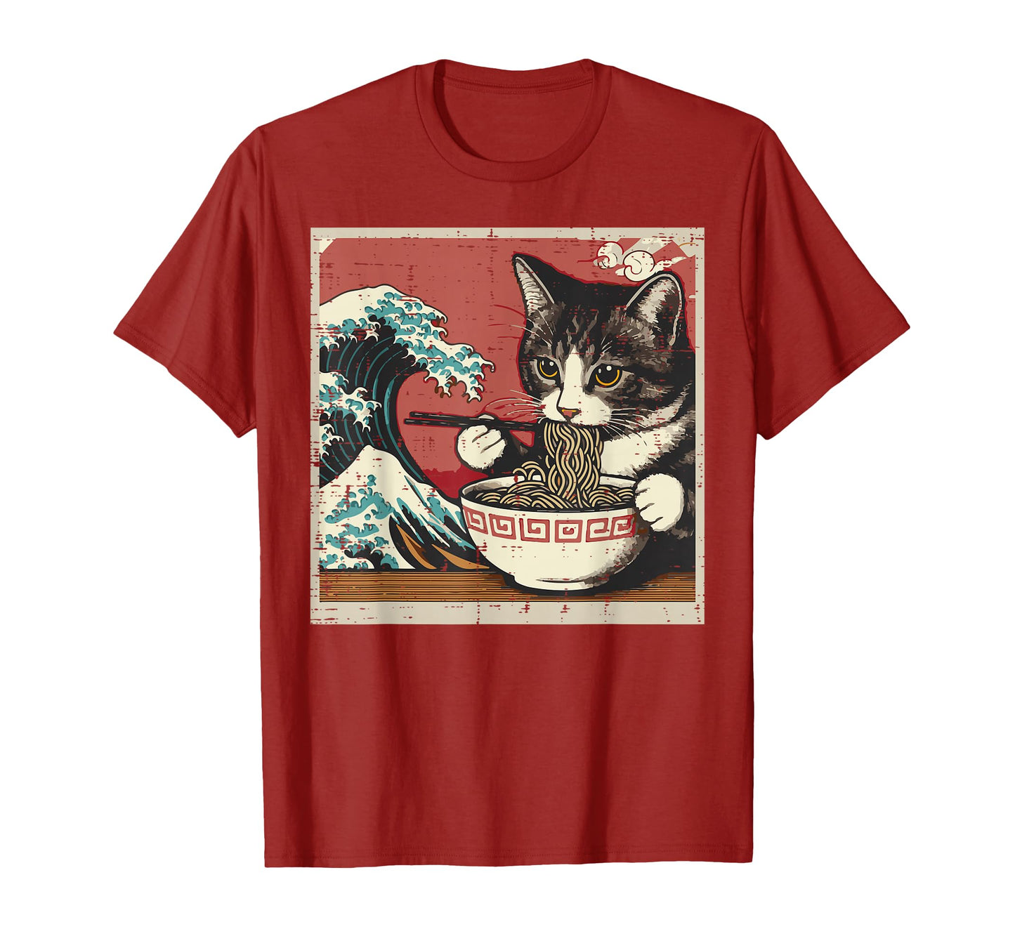 Cat Eating Ramen Great Wave Japanese Food Art Women Men Kids T-Shirt