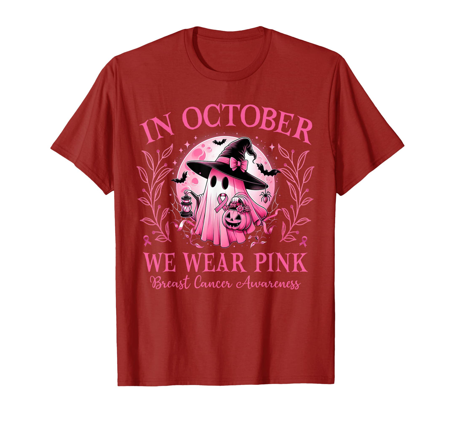 In October We Wear Pink Ghost Witch Breast Cancer Halloween T-Shirt