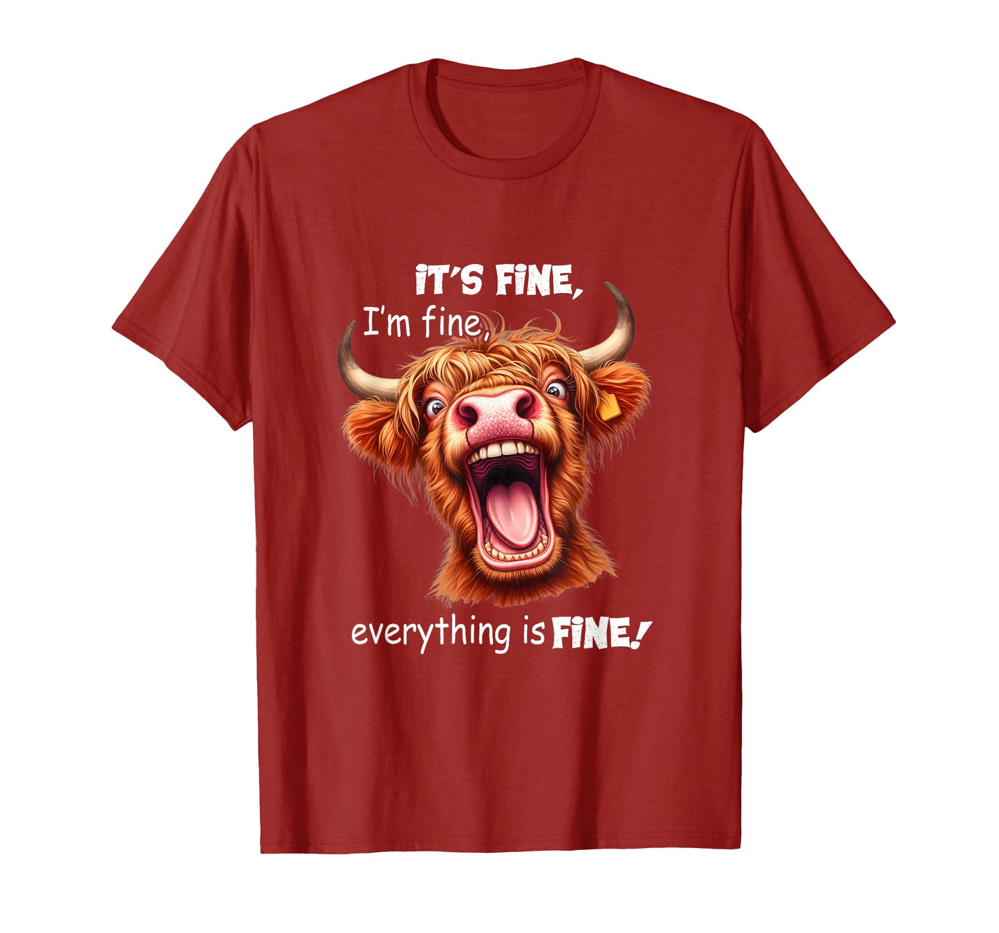 Funny Highland Cow It's Fine I'm Fine Everything Is Fine T-Shirt, Small, Black