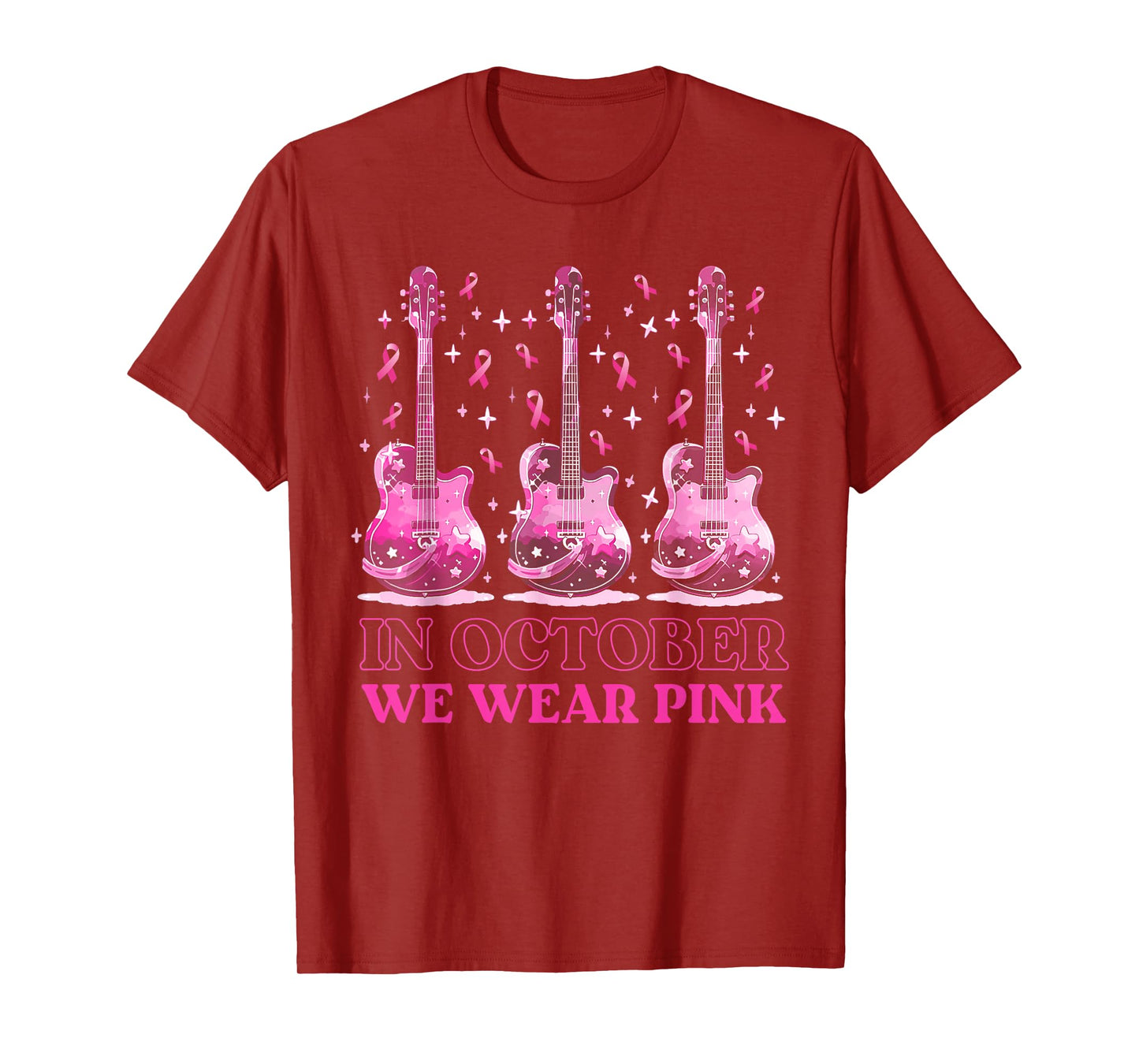 In October We Wear Pink Ribbon Guitar For Breast Cancer T-Shirt