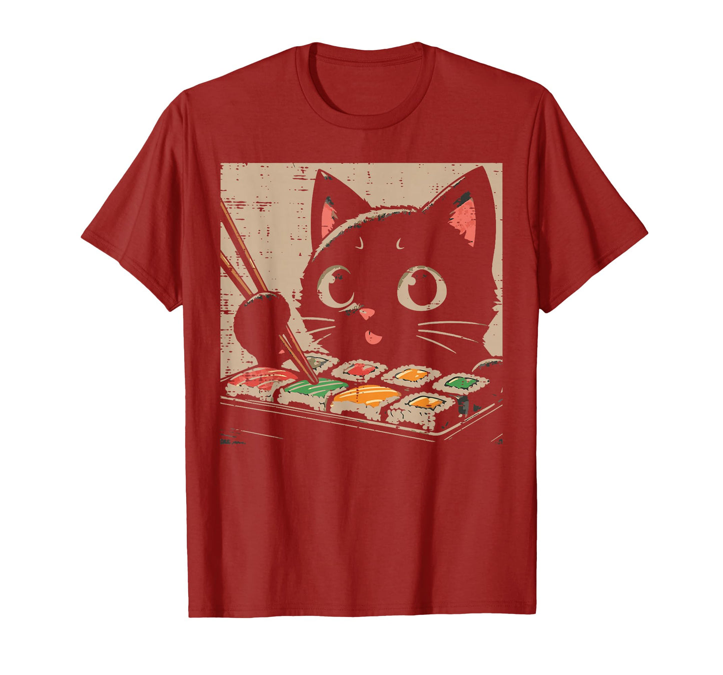 Black Cat Eating Sushi Kawaii Japanese Food Women Girls Kids T-Shirt