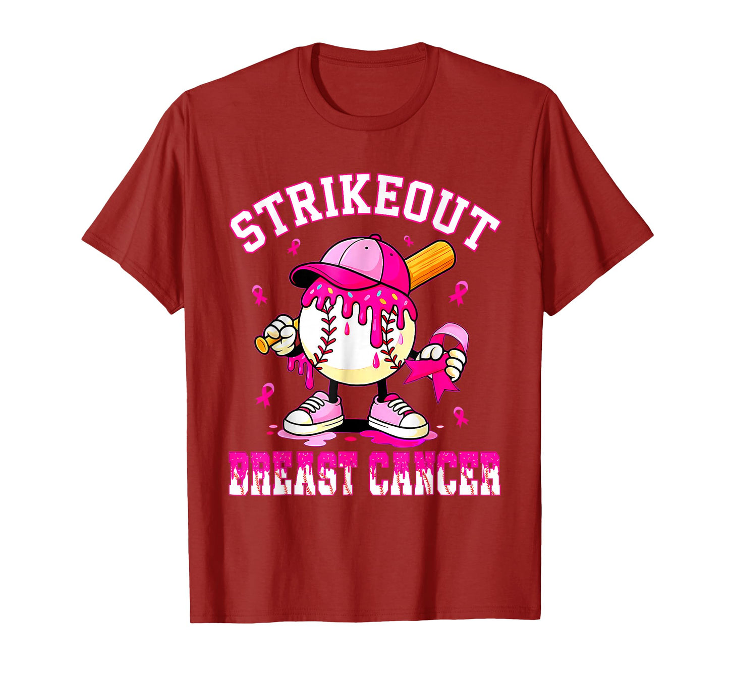 Strike Out Breast Cancer Awareness Baseball Drip Pink Ribbon T-Shirt