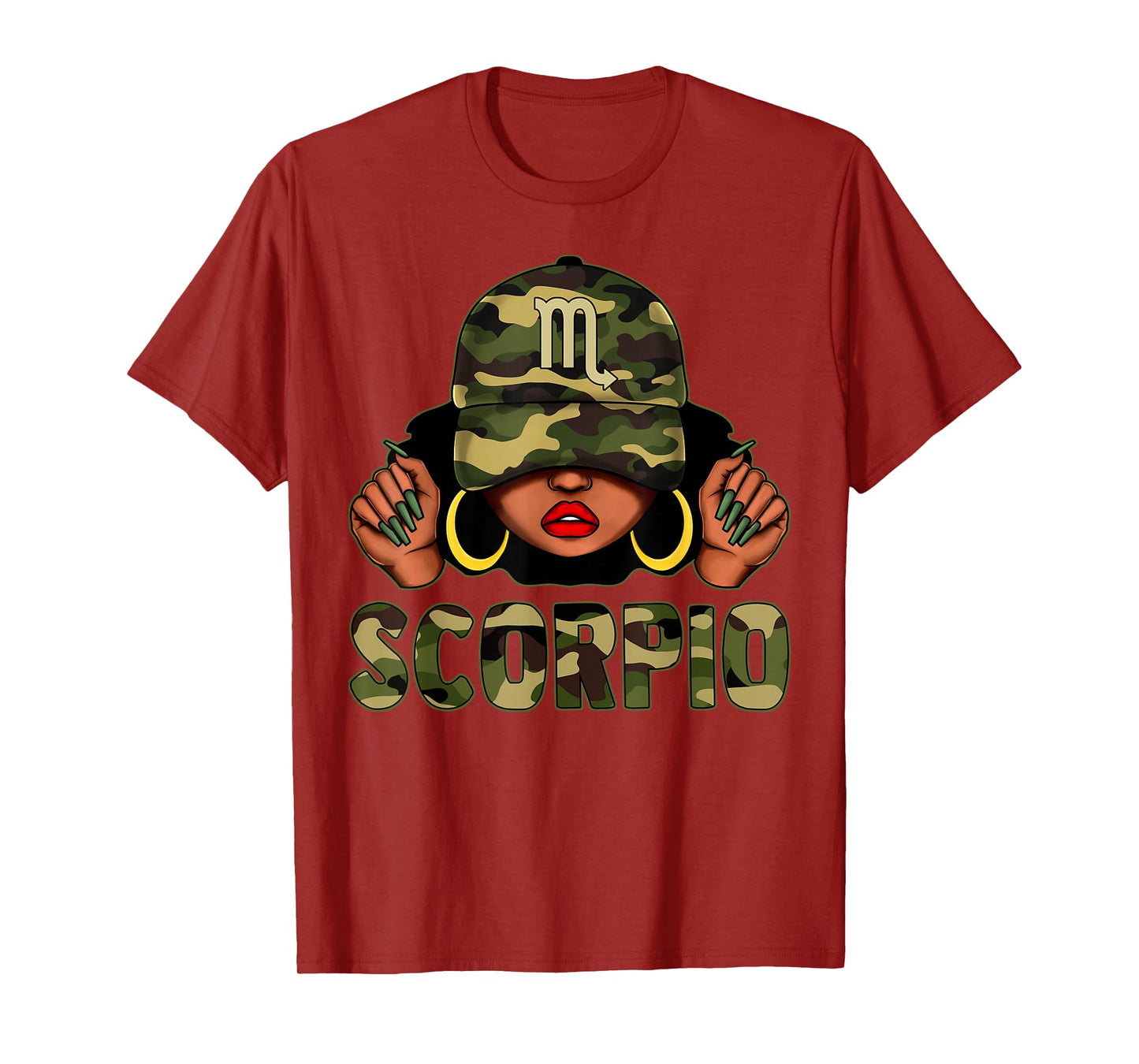 Scorpio Queen Black Woman With Cap Camo Afro Girl Zodiac T-Shirt