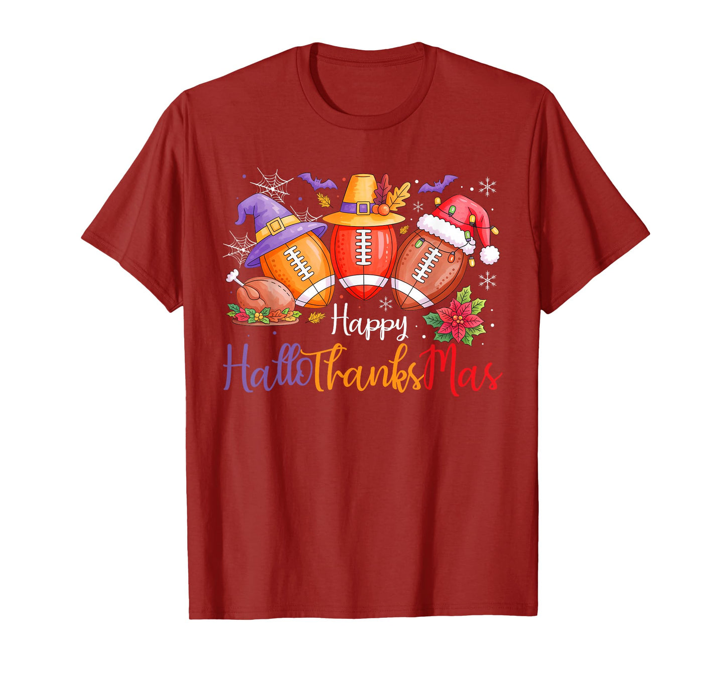 Happy Hallothanksmas Football Halloween Thanksgiving Xmas T-Shirt