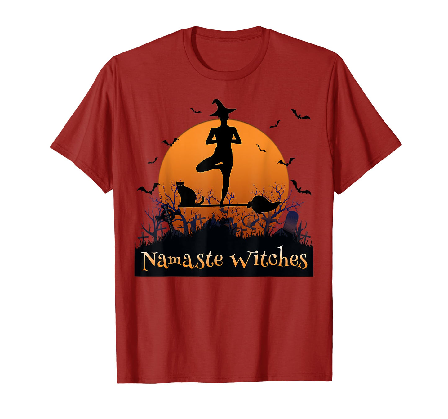 Yoga Lovers Namaste Witches Full Moon Cemetery Halloween T-Shirt
