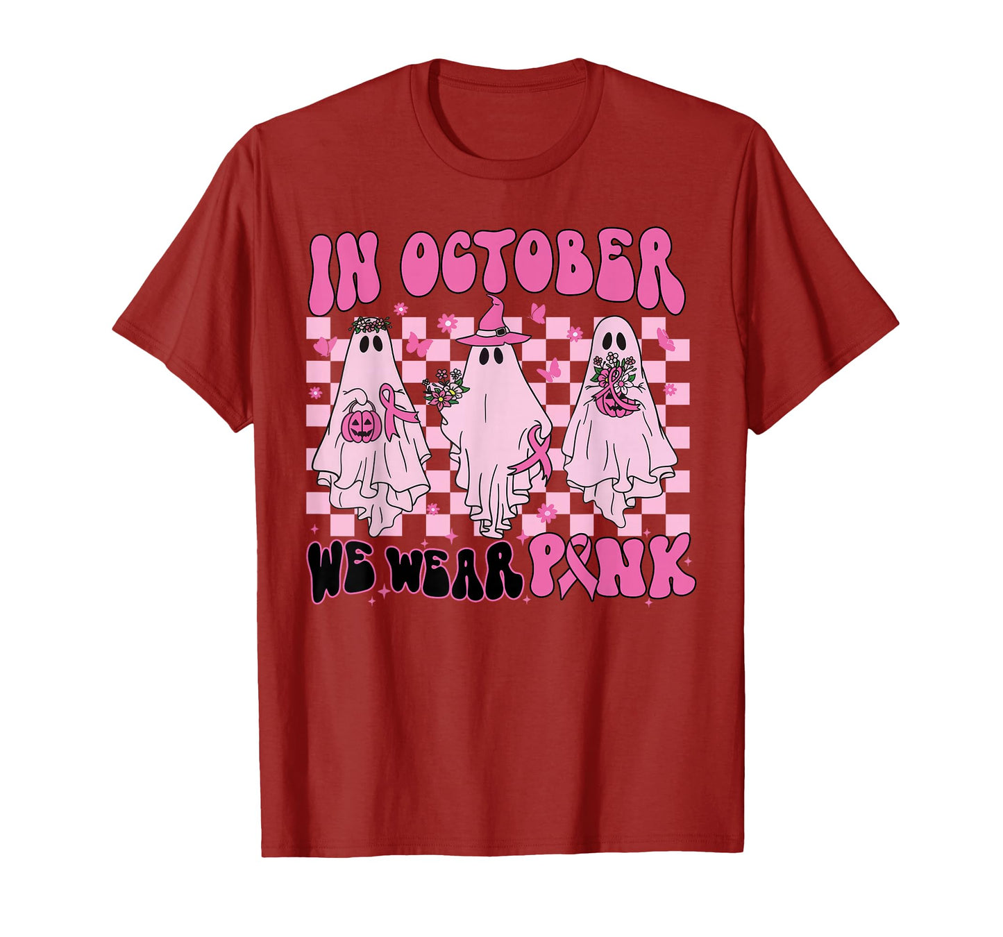 In October We Wear Pink Ghost Breast Cancer Halloween Party T-Shirt