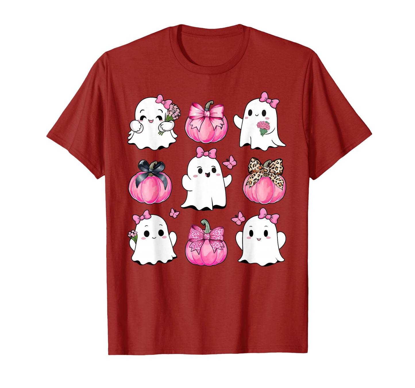 Cute Ghost Florals Pink Coquette Bows Pumpkins Halloween T-Shirt