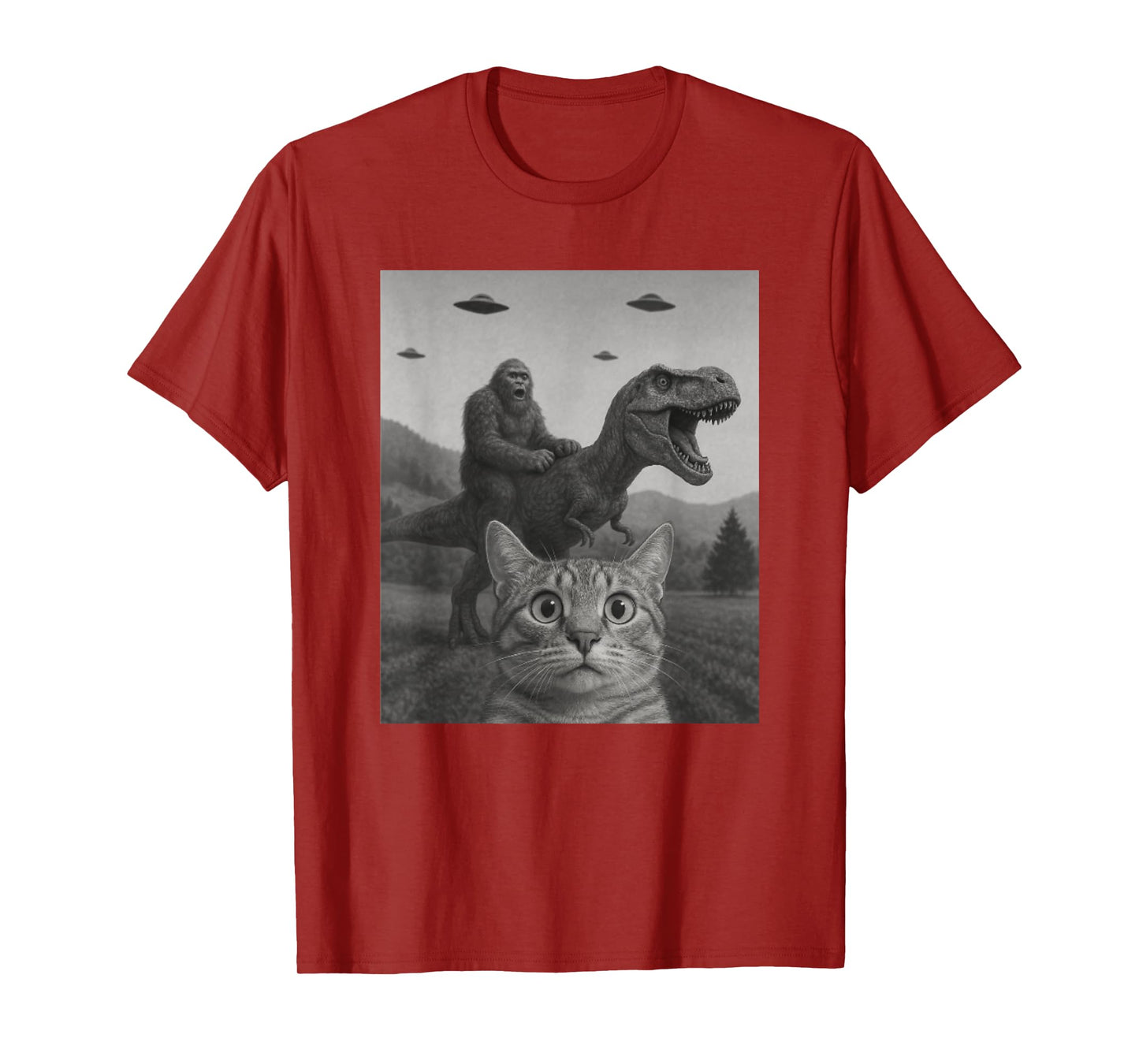 Cat Selfie with Bigfoot Riding T-rex Dinosaur Alien UFO Men Women Kids T-Shirt