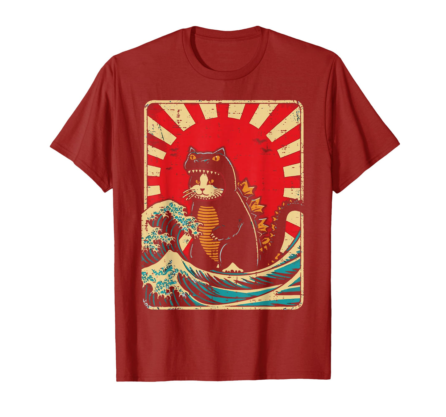 Cat Monster Waves Red Sun Japanese Catzilla Women Men Kids T-Shirt