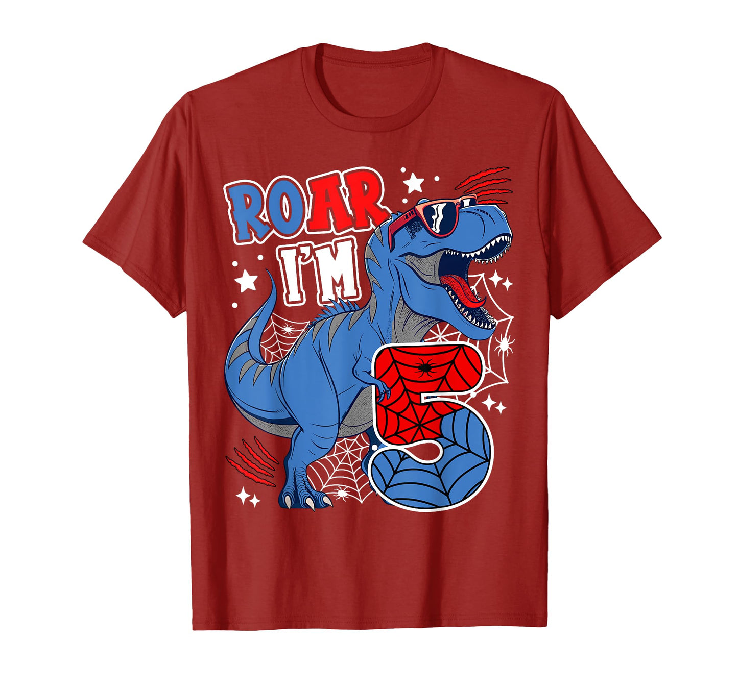 Dinosaur 5th Birthday Spider Theme Party 5 Years Boy Kids T-Shirt