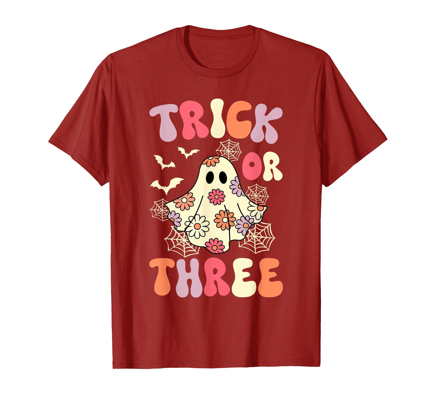 Trick Or Three 3 Years Old Birthday Groovy Ghost Halloween T-Shirt