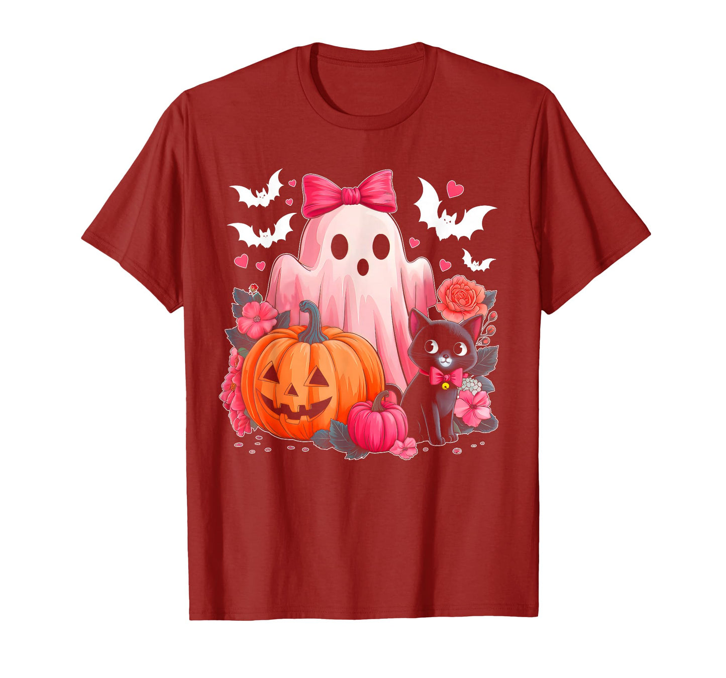 Cute Floral Pink Ghost Pumpkin Black Cat Halloween Costume T-Shirt