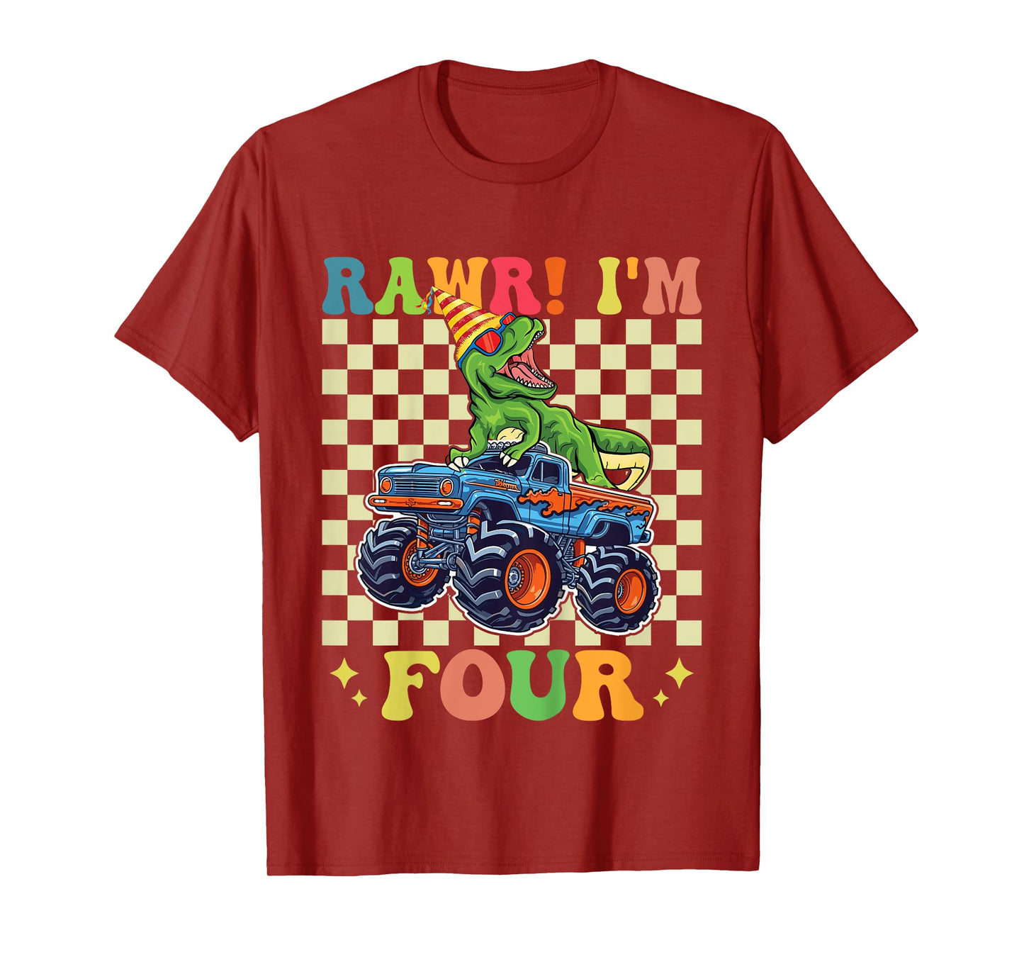 Kids 4th Birthday Monster Truck Dinosaur Party Boys Rawr I'm 4 T-Shirt