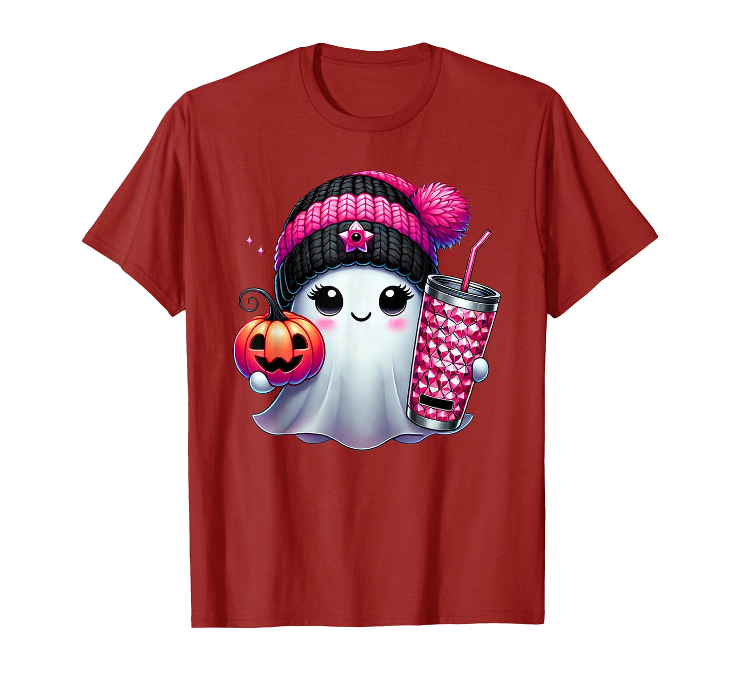 Cute Ghost Drinking Coffee Halloween Ghost Ice Coffee Womens T-Shirt